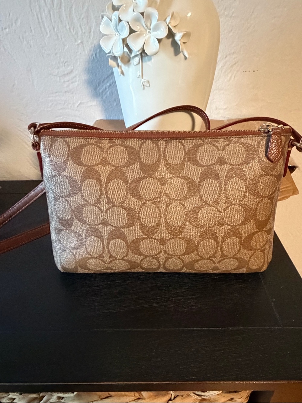 EUC Coach Tan Signature Canvas Crossbody Bag with Brown Leather Trim - Picture 11 of 15